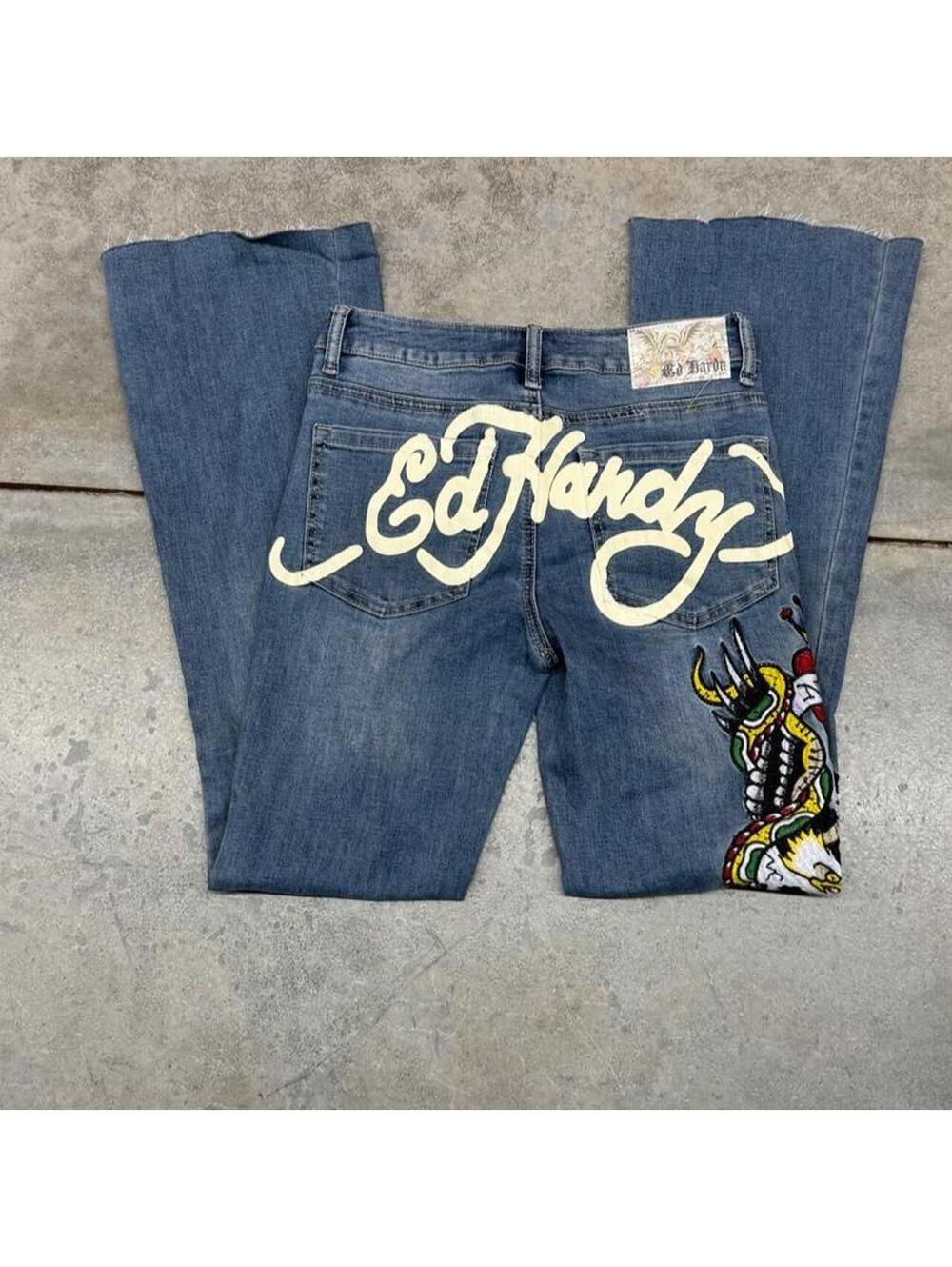 vintage ed hardy blue flared leg graffiti boot cut jeans size 26 WOMENS